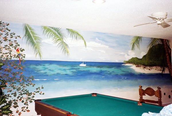 Mural of a boat painted in a game room