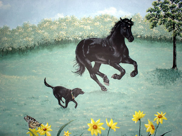 Mural of a horse and a dog in a child's bedroom