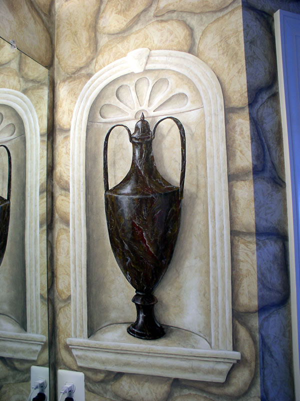 Mural of an urn painted in a bathroom